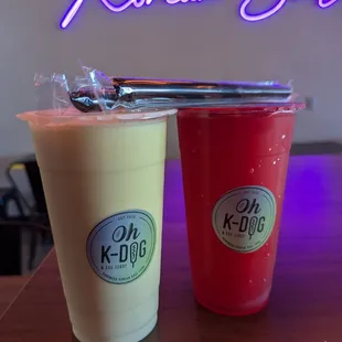 Pina colada and fruit punch slushie I believe