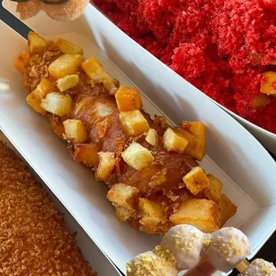 Whole mozzarella, whole mozzarella with potatoes &amp; half/half with hot Cheetos + two mochinut flavors are chocolate cinnamon &amp; blueberry.