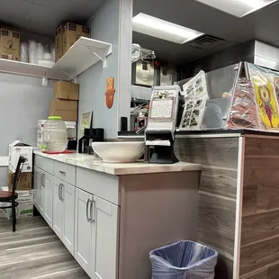 the kitchen area of a restaurant