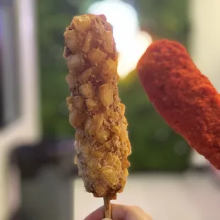 Beef potato corn dog and hot Cheetos corn dog