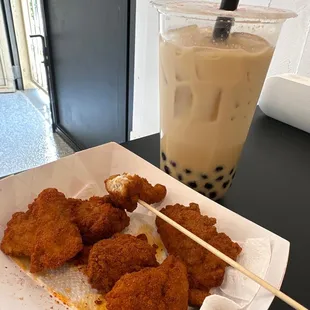 popcorn chicken and the classic jasmine milk tea