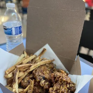 Garlic Soy Fried Chicken and Fries and rice drink Shikhye