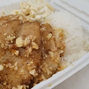 Garlic fish plate. Includes rice and macaroni salad.  $14.95 + tax.  Big portion.  3 pieces