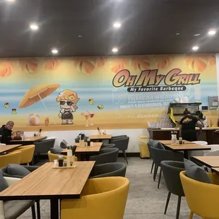 The large wall design with chairs and tables