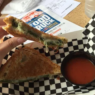 spinach and artichoke grilled cheese- so good dipped in the soup