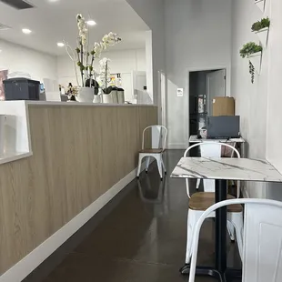 Some seating and bathroom