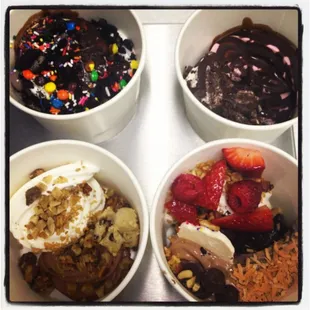 three bowls of ice cream and chocolate