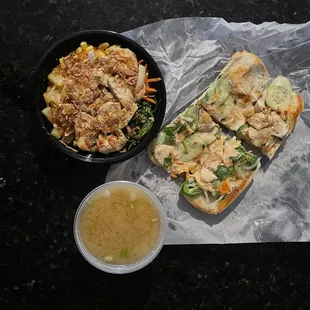poke bowl (chicken teriyaki), chicken banh mi, miso soup (8.26.23)