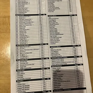 the menu for the restaurant