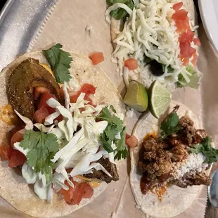 Veg up - one cauliflower taco, one fried avocado taco and on gringo bean taco