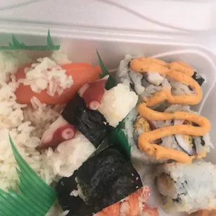 Spicy octopus  king crab  salmon  sticky rice  wasabi  and everything nice