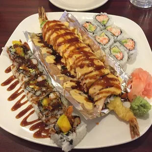Coco roll, firecracker roll and California roll (left to right)