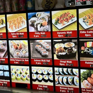 Menu board for sushi