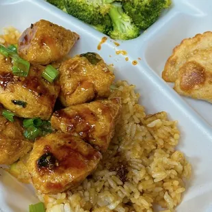 chicken and rice in a styrofoam container