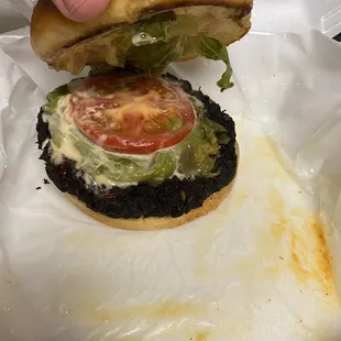 Auntie burger. (Veggie patty with guacamole). It was burnt to a crisp and the guacamole was spoiled. The lettuce was pretty nasty too.