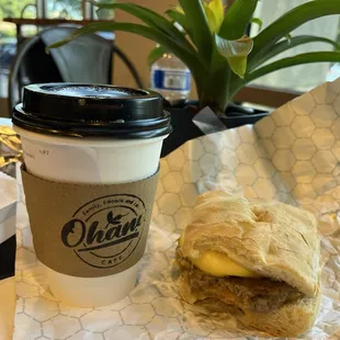 Breakfast sandwich and taro latte, delicious!!