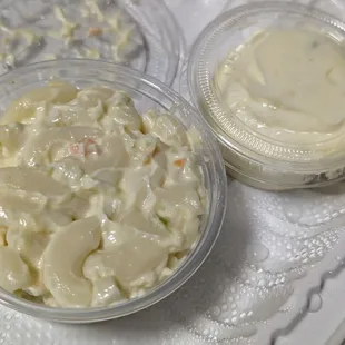 Mac salad on left is saving grace, their version of tartar sauce on smaller container.