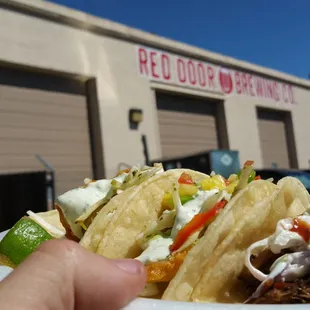 a hand holding a plate of tacos