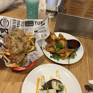 Loaded fries, crab Rangoon, Musubi