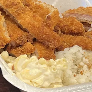 Chicken strips and macaroni salad. Hawaiian cuisine?