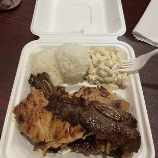 Meat Combo platter: Mac salad, rice, short ribs, chicken &amp; 1 other meat
