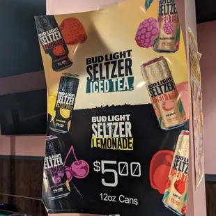 a sign for a variety of drinks