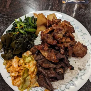 Spicy Pork and Bulgogi (cabbage kimchi, seaweed, choy sum, shoyu potato)