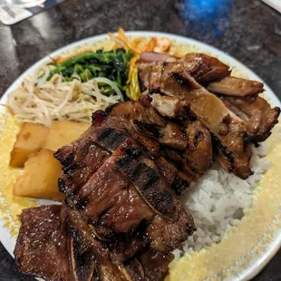Kalbi and BBQ Chicken (shoyu potato, bean sprouts, choy sum, cabbage kimchi)