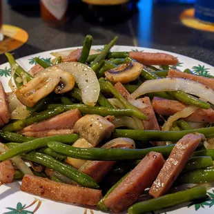 Spam &amp; green beans, with sauted sweet onions and mushrooms.  My fave!