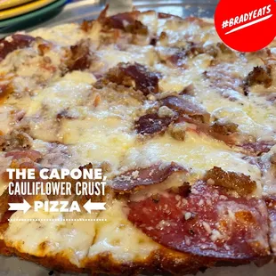 Personal fav. Gluten-Free crispy thin crust w lots o meats.... I only added crushed red. #BradyEats