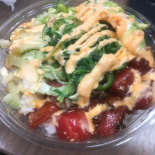 Poke bowl with tuna and slamon