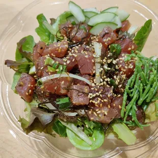 My poke bowl with Hawaiian style limu poke and greens on sushi rice