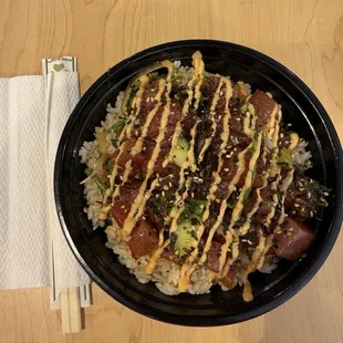 Hawaiian Style Poke Bowl with Ahi, Sushi Rice and Spicy Mayo