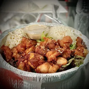 Mochiko Chicken was 5/5. Great with &amp; w/out sweet honey cashew-like sauce. Son especially Loved the salad underneath it.