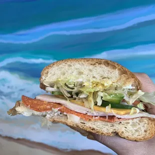 a hand holding a sandwich