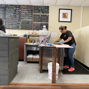 Making the Sammie's here in the tiny corner