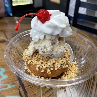 Caramel iced donut with caramel chocolate chip donut ice cream