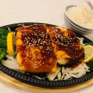 Salmon teriyaki with steamed rice. Typical.