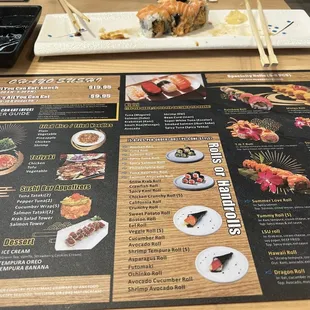 menu, sushi and sashimi