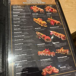 Specialty rolls menu