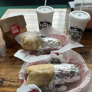 2 burritos, 2 fountain drinks, chips.