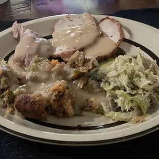 A portion of the plates food - roast Turkey, creamy leeks, stuffing with gravy. This is just a selection, there was much, much more!