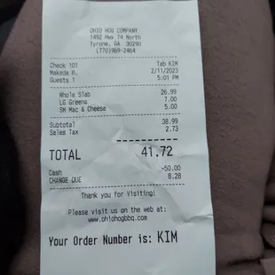 a receipt for a customer