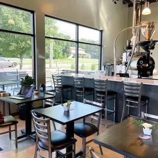 There&apos;s bar seating (with lots of outlets) in the roasting room