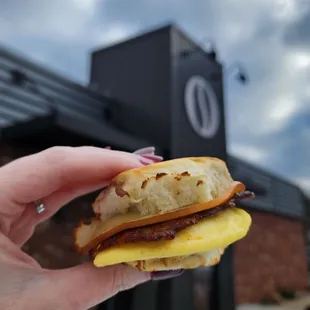 Chorizo bacon, egg, and smoked gouda slider