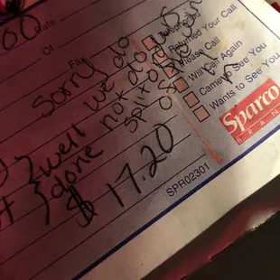 a receipt for a pizza