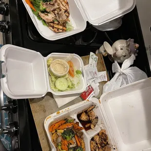 Ordered shrimp got burnt chicken and ordered teriyaki chicken and got PLAIN grilled chicken with raw vegetables