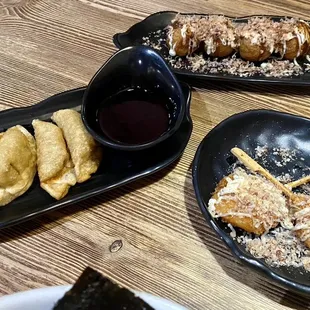 Yaki Gyoza, Shrimp Skewer, takoyaki