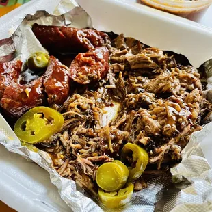 Two-Meat Plate (moist Brisket and Sausage Link; BBQ Beans in back)