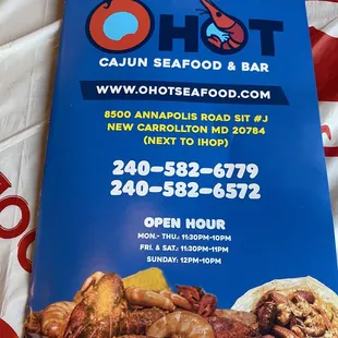 Front of menu + hours &amp; phone numbers
